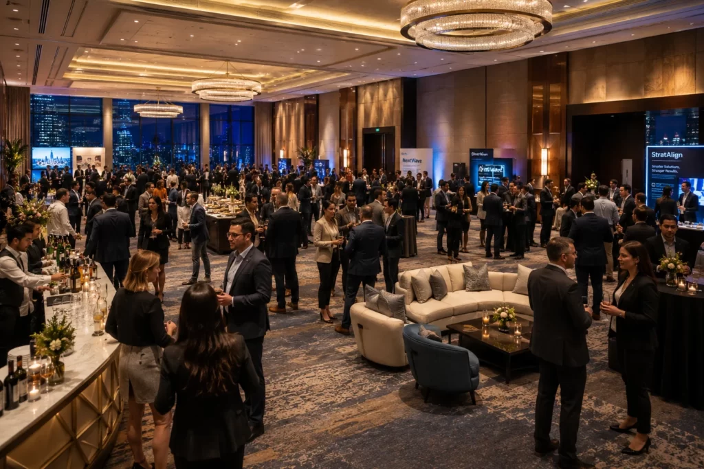 Large corporate networking event with multiple networking zones.