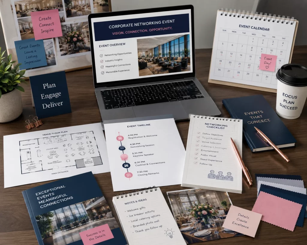 Corporate networking event planning timeline and checklist.