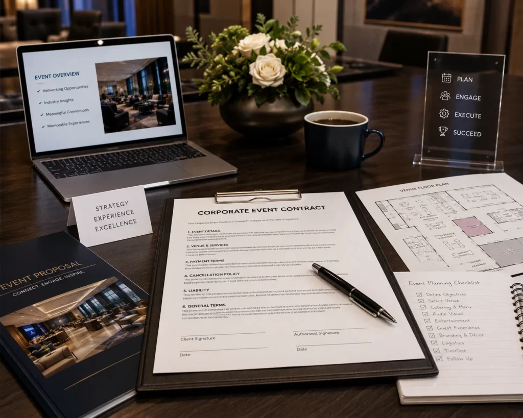 Corporate event venue contract and planning documents.