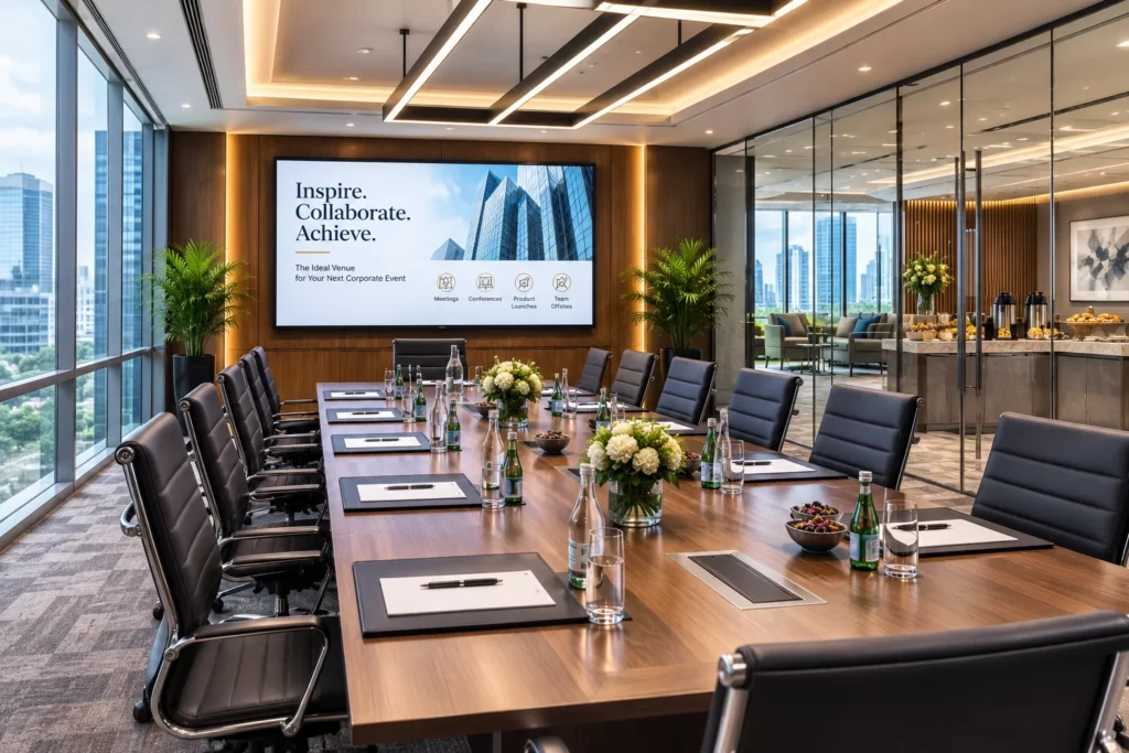 Modern corporate meeting room configured for business presentations.