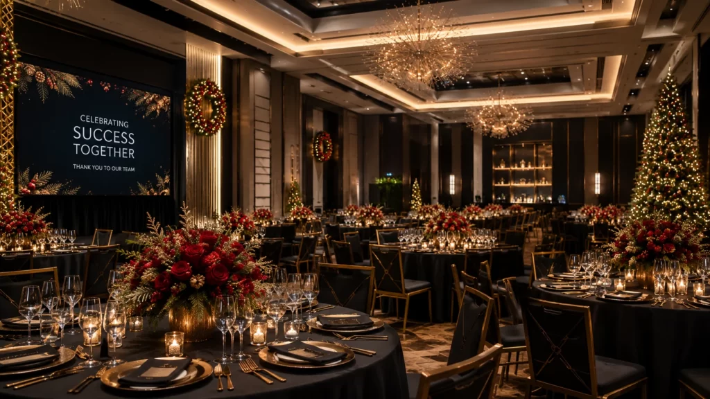 Luxury corporate holiday party venue with elegant banquet seating, festive holiday décor, premium lighting, and sophisticated event styling.