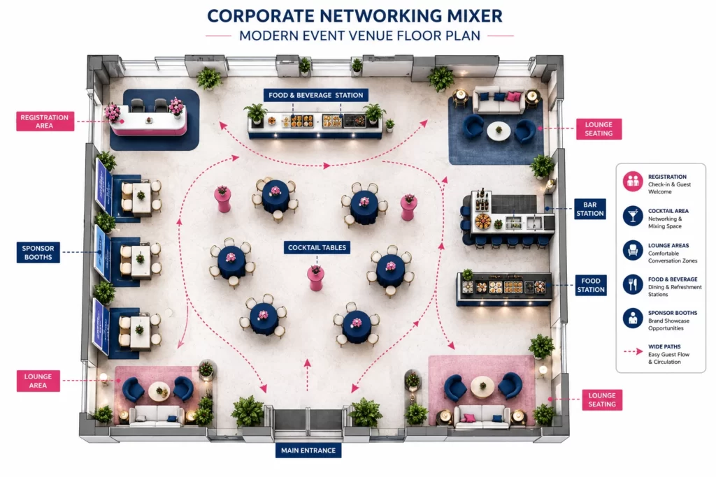 Example floor plan for a corporate networking mixer with multiple conversation zones.