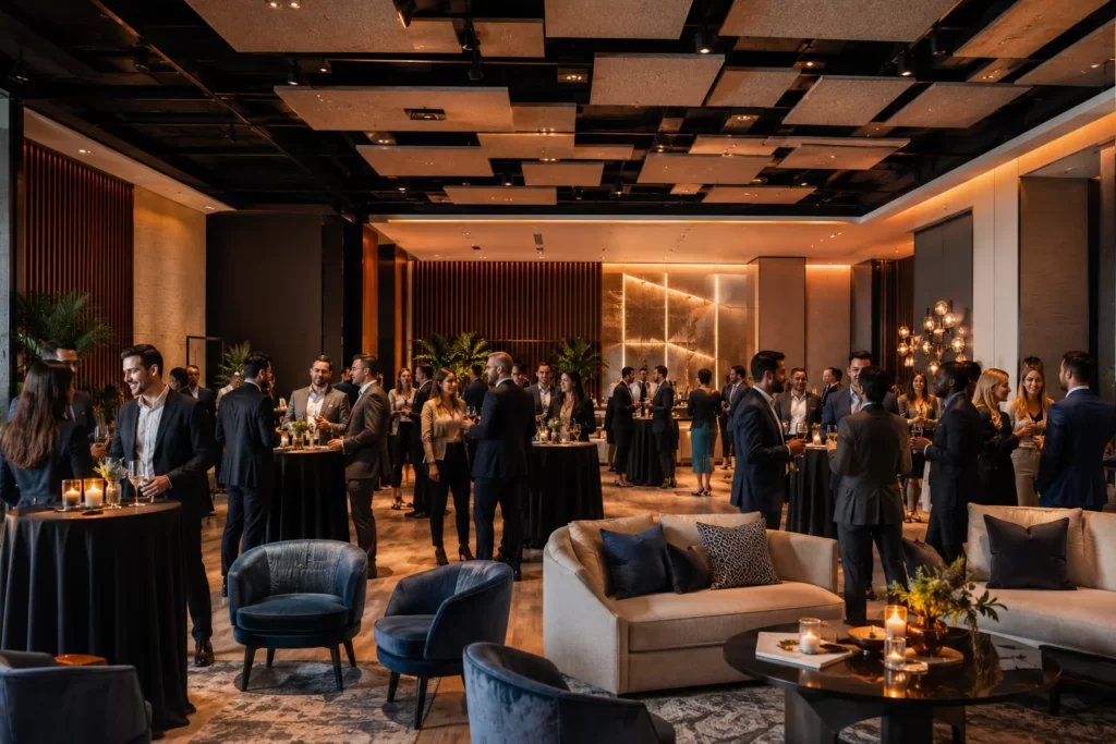 Corporate networking venue with warm lighting and comfortable seating for professional conversations.
