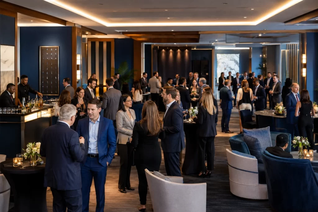 Corporate networking mixer venue designed to encourage professional conversations.