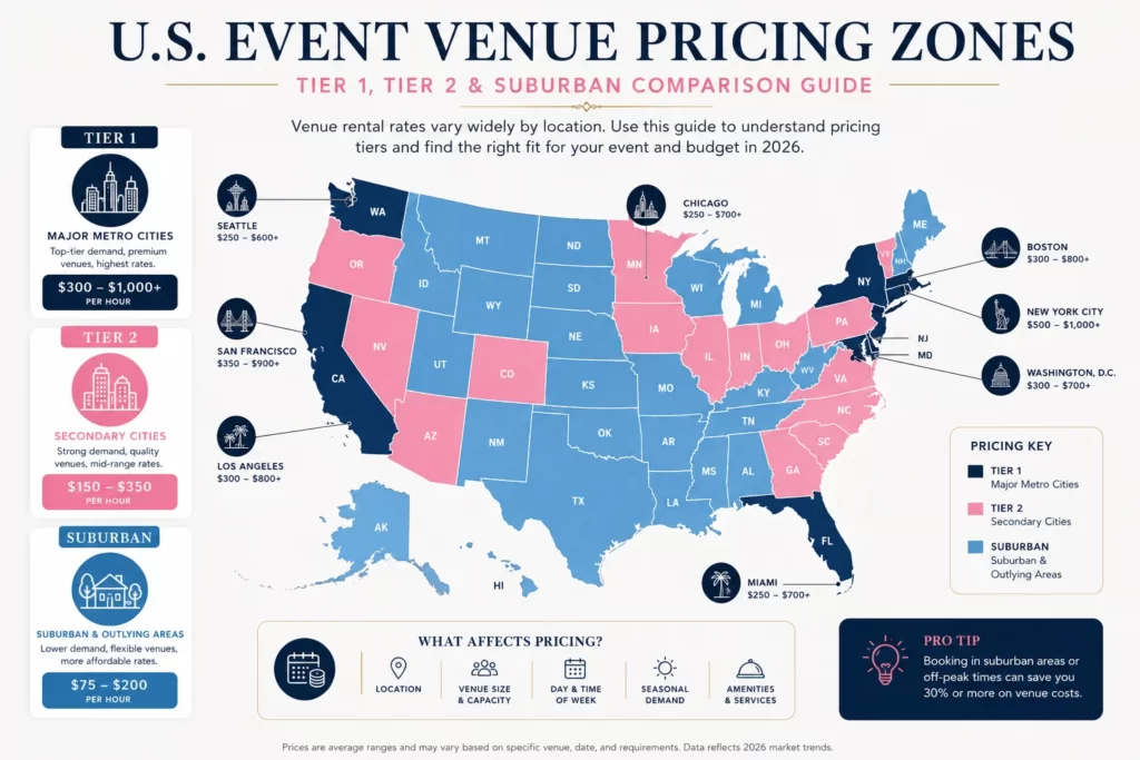 U.S. map highlighting event venue rental pricing differences by city.