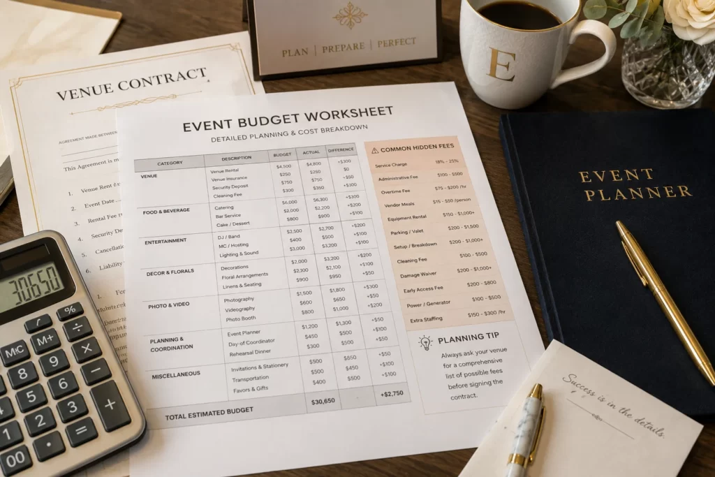 Event budget worksheet highlighting additional venue charges and hidden fees.