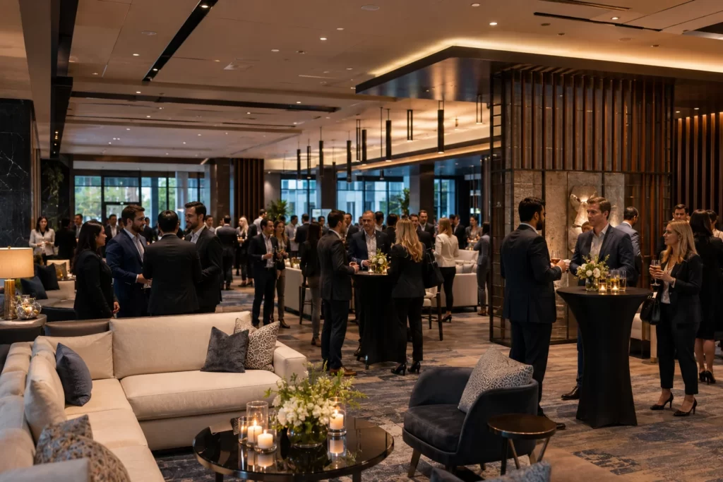 Corporate networking venue with open sightlines that encourage guest interaction.