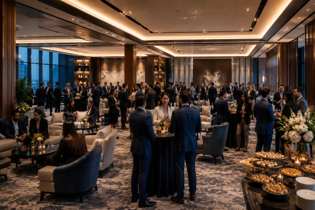 Modern corporate networking event showcasing multiple conversation areas.