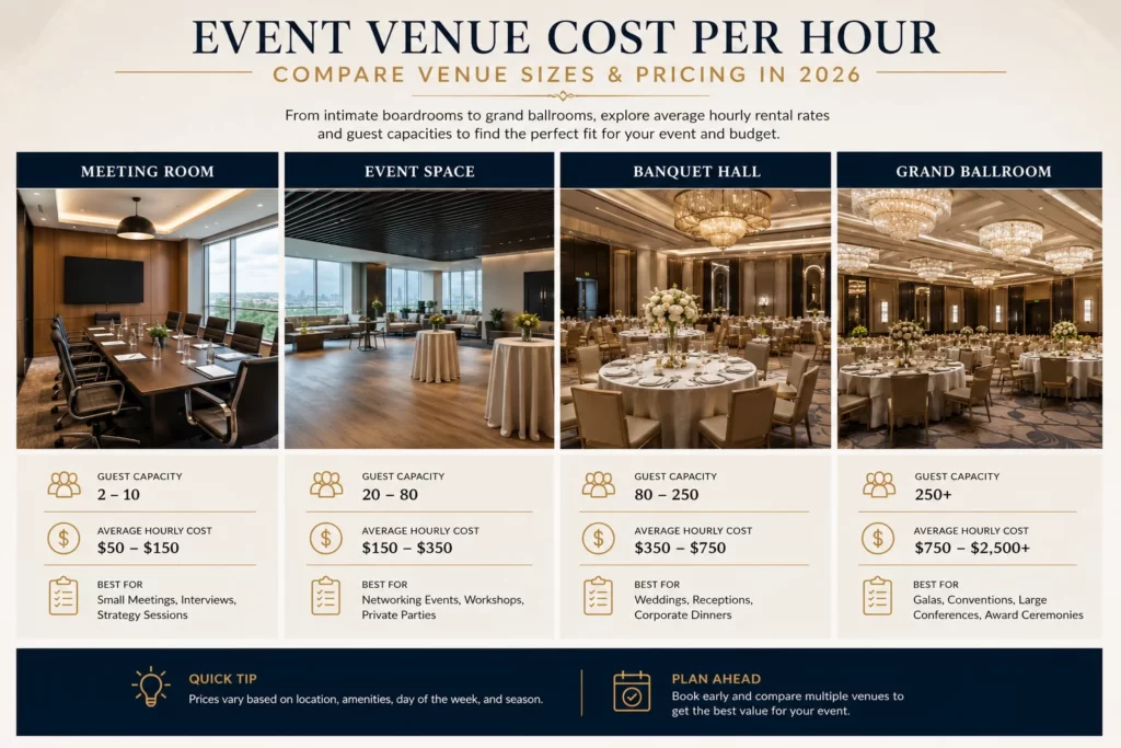 Comparison chart showing hourly venue rental costs based on guest capacity.