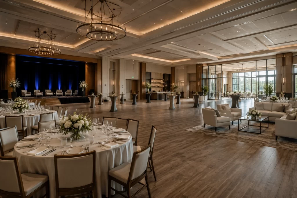 Modern event venue interior showing different areas for event planning