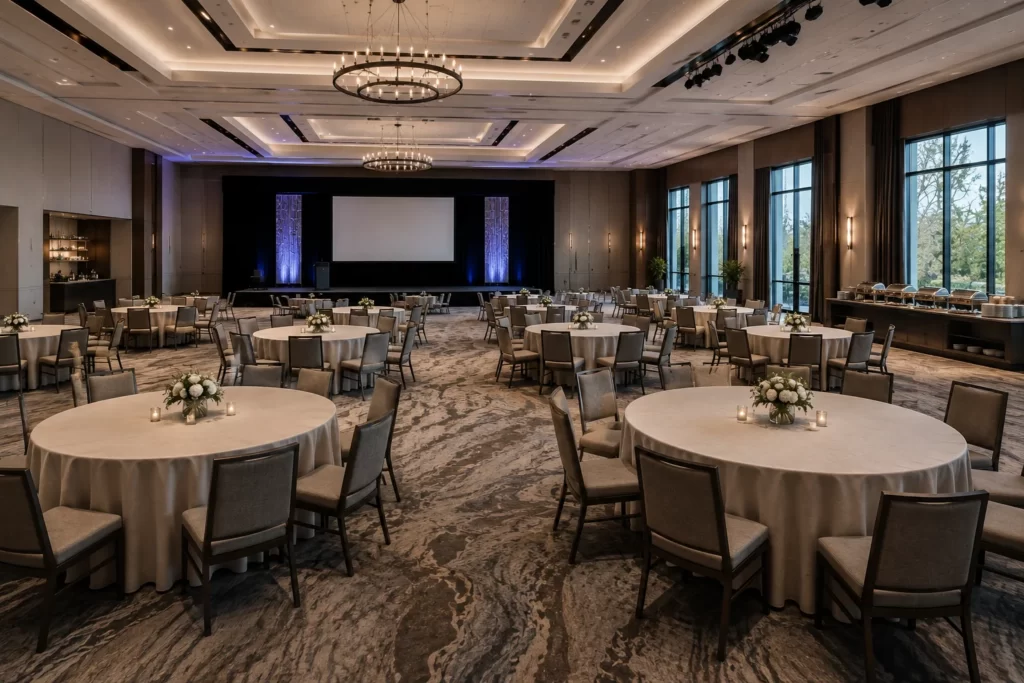 Event venue showing banquet seating and presentation layout