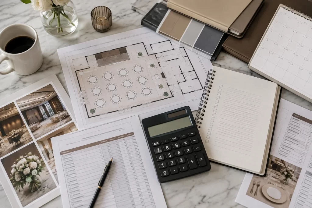 Event venue budget planning documents with floor plan and calculator