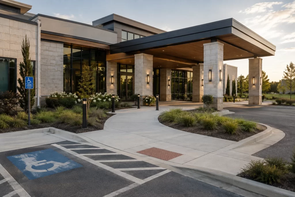Accessible event venue entrance with parking and guest access