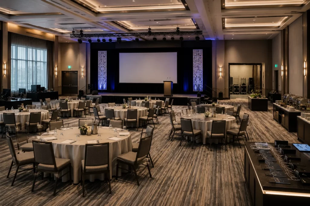 Event venue prepared with presentation technology and catering setup