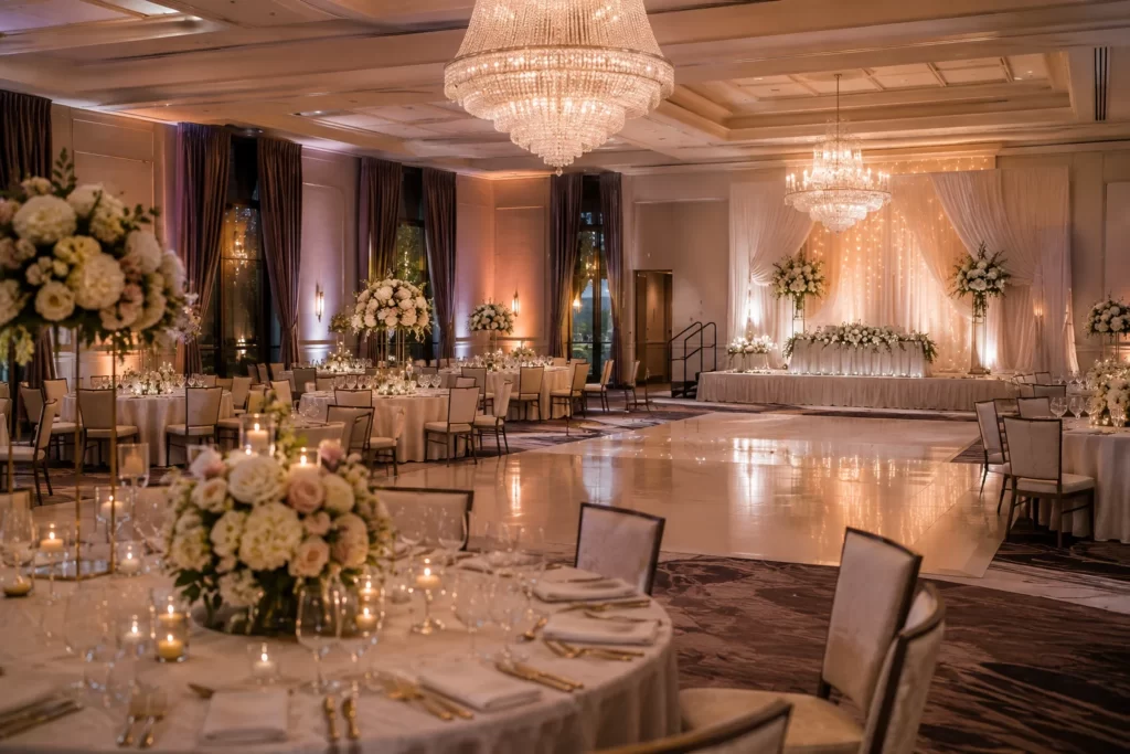 Elegant wedding venue with banquet tables and sophisticated event decor