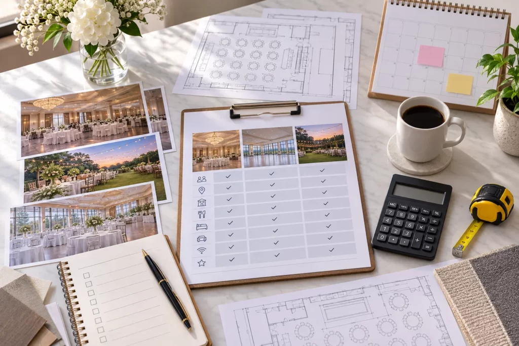 Event venue comparison with floor plans and planning checklist