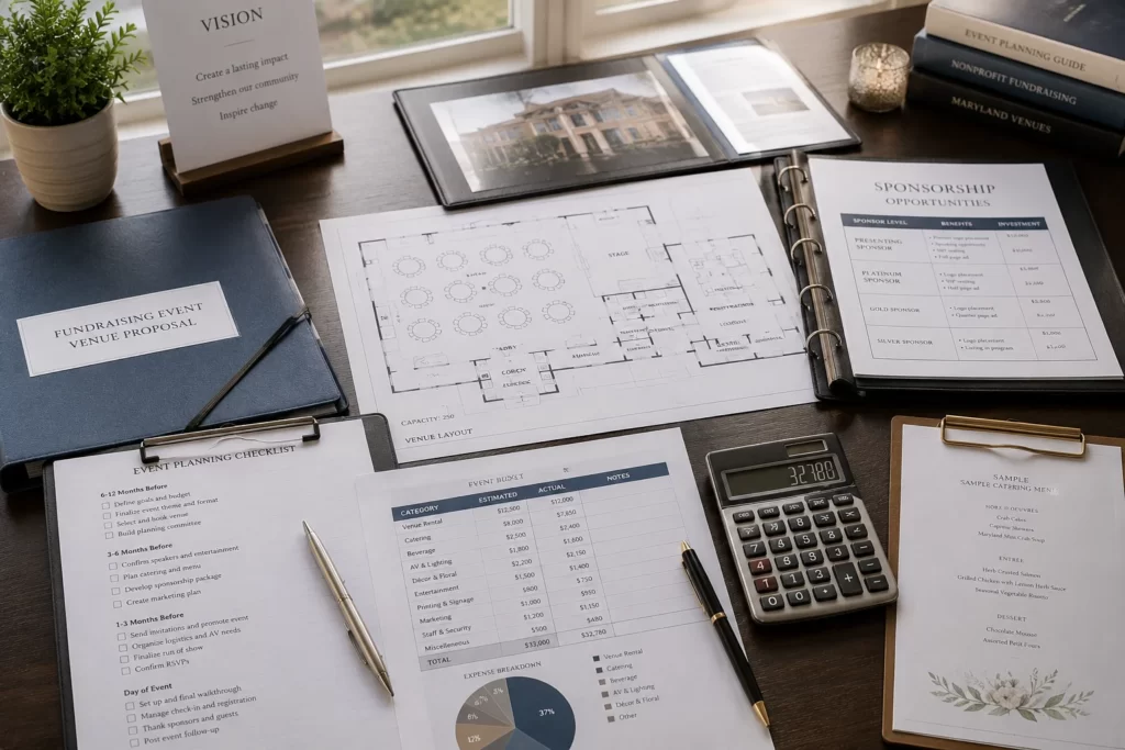 Fundraising event budget planning materials on a venue planning table