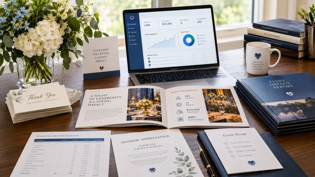 Nonprofit donor follow-up planning materials after a Maryland fundraising event