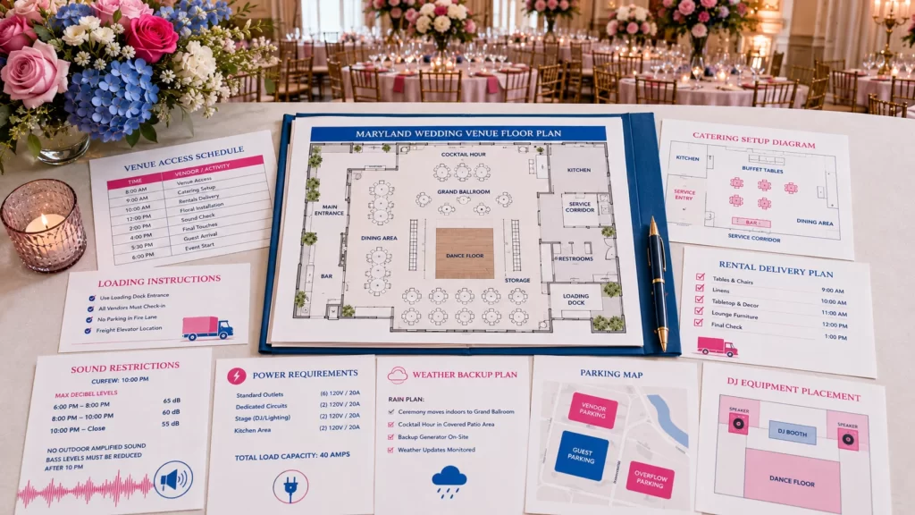 Wedding venue floor plan showing vendor setup access loading and logistics