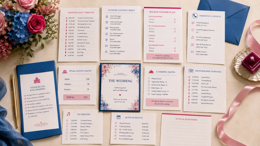 Wedding vendor timeline and backup plan with emergency contacts and venue details