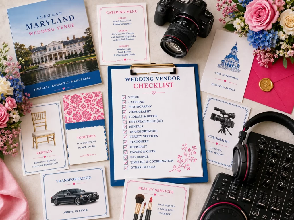 Wedding vendor checklist with catering photography DJ florist and rental services
