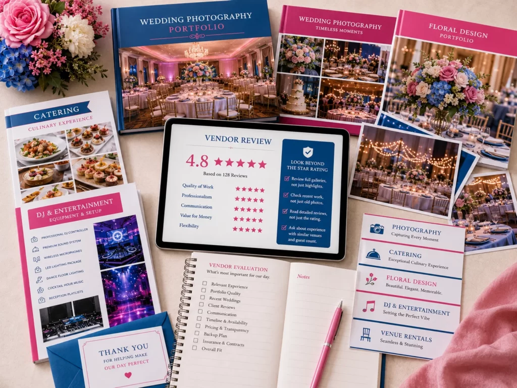 Wedding vendor portfolio and reviews being evaluated for relevant experience