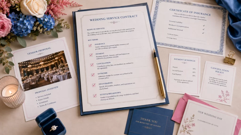 Wedding vendor contract insurance and payment documents being reviewed