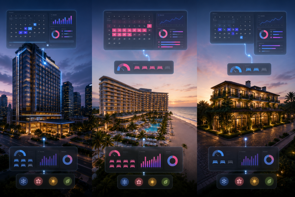 Different hotel types showing how room block requirements vary by property.