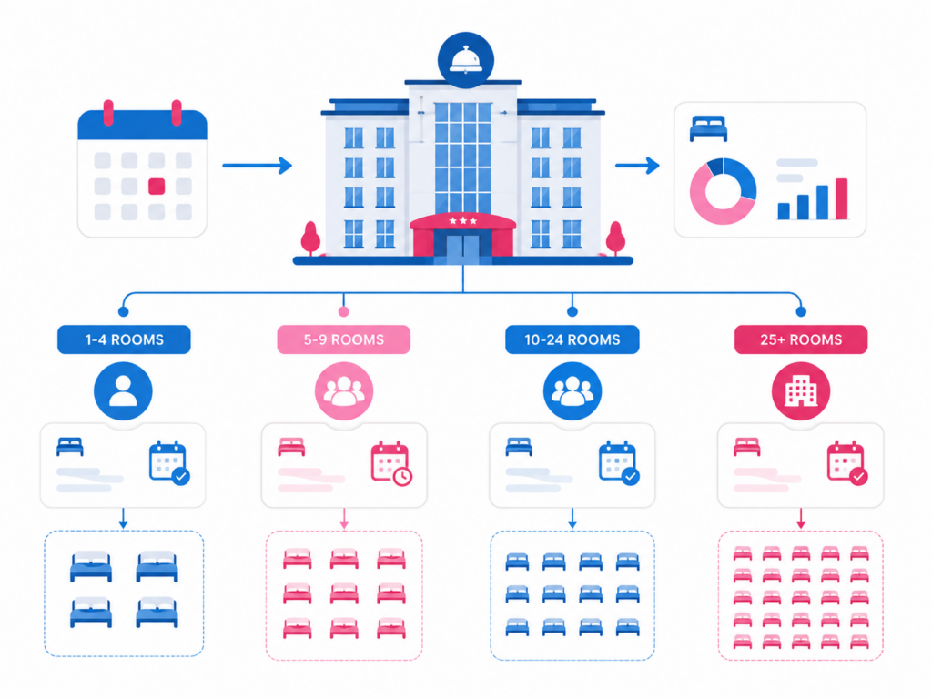 Infographic explaining how hotels classify room blocks based on the number of rooms booked.