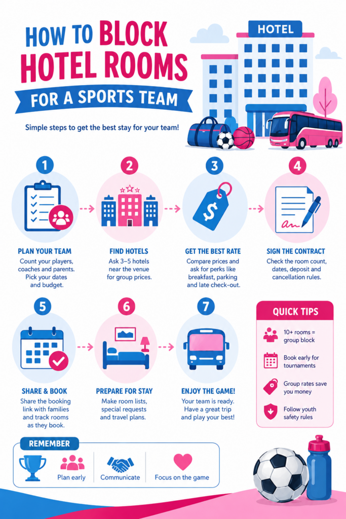 Simple infographic explaining how to block hotel rooms for a sports team, including planning, hotel selection, group rates, contracts, booking timeline, and travel preparation.