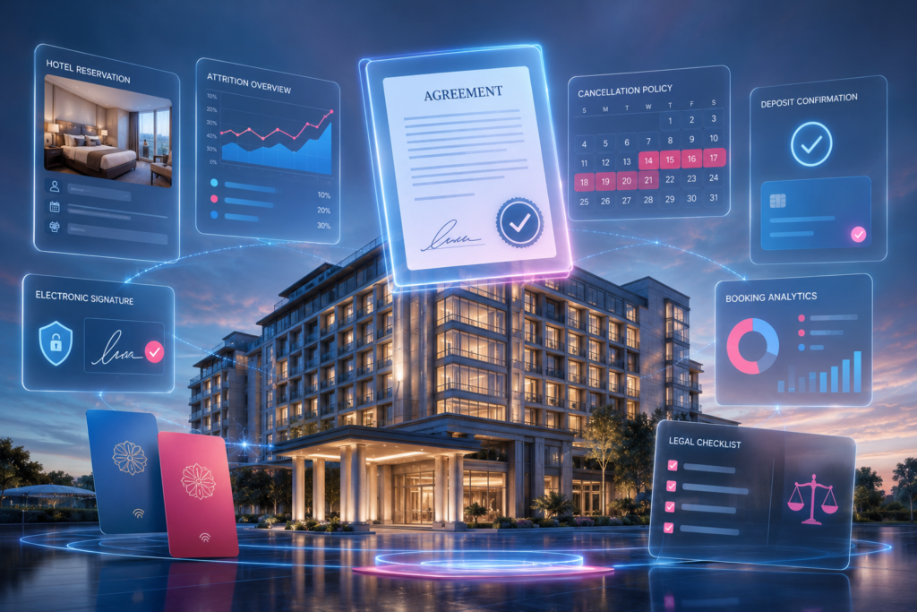 Digital hotel contract illustrating important wedding room block terms.