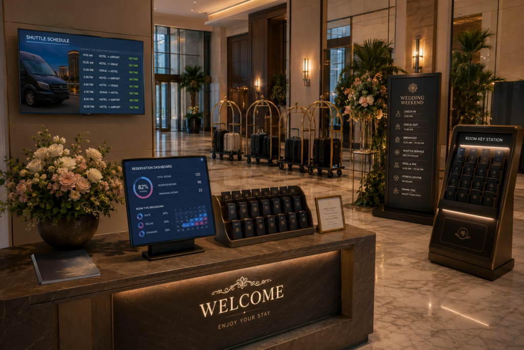 Luxury hotel prepared for wedding guest arrivals.