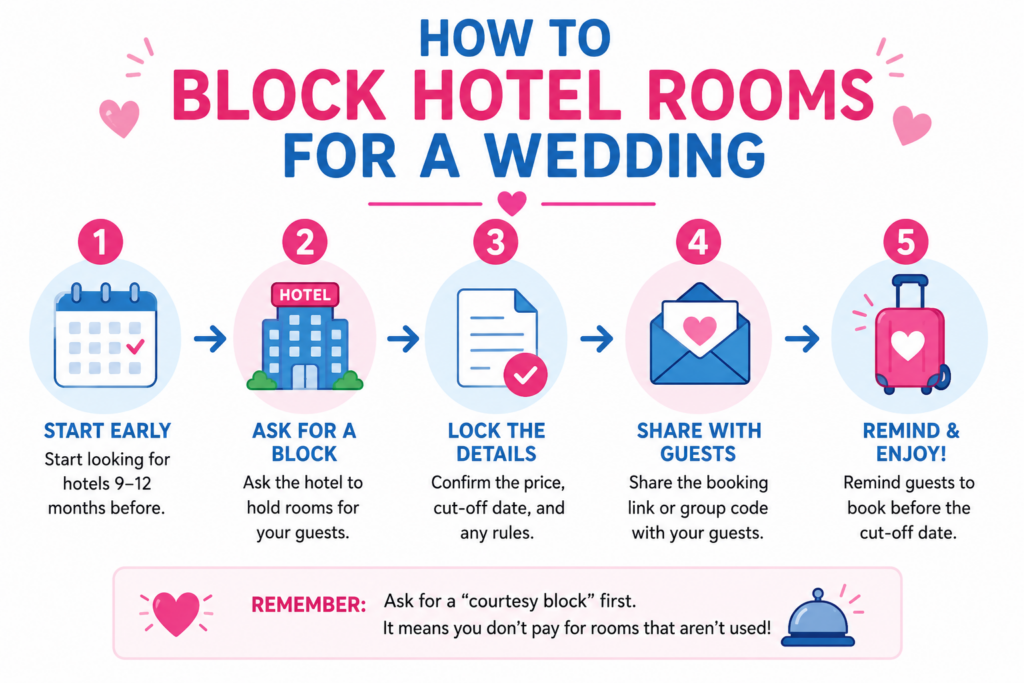 Simple infographic showing the five steps to block hotel rooms for a wedding, from contacting hotels early to sharing the booking link and reminding guests before the cut-off date.