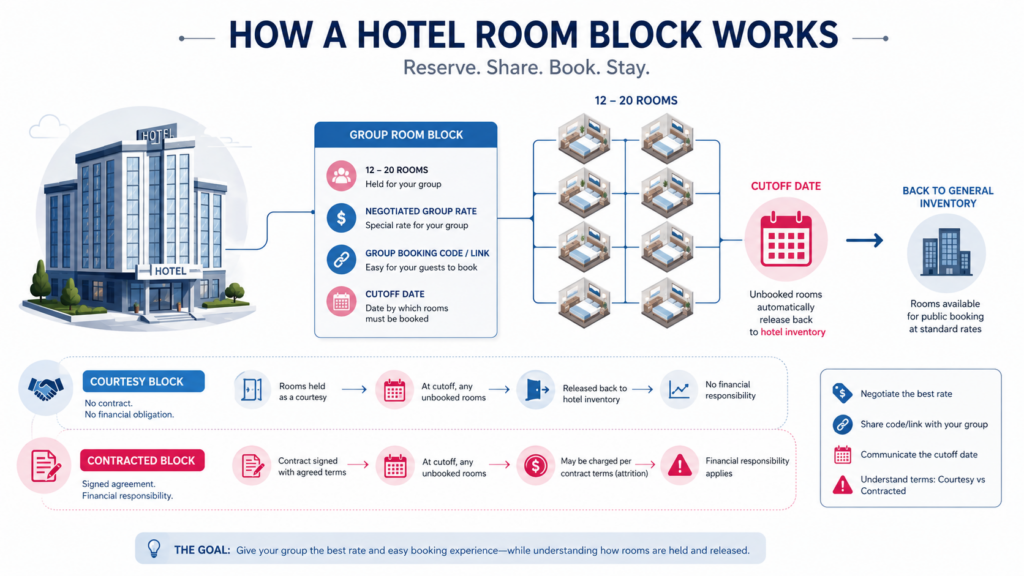 Hotel room block showing group rooms, booking rates and cutoff date