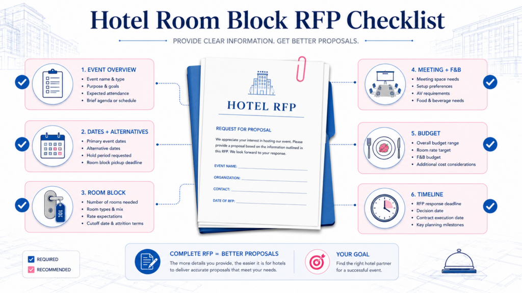 Recommended hotel room block size of 50 to 75 percent
