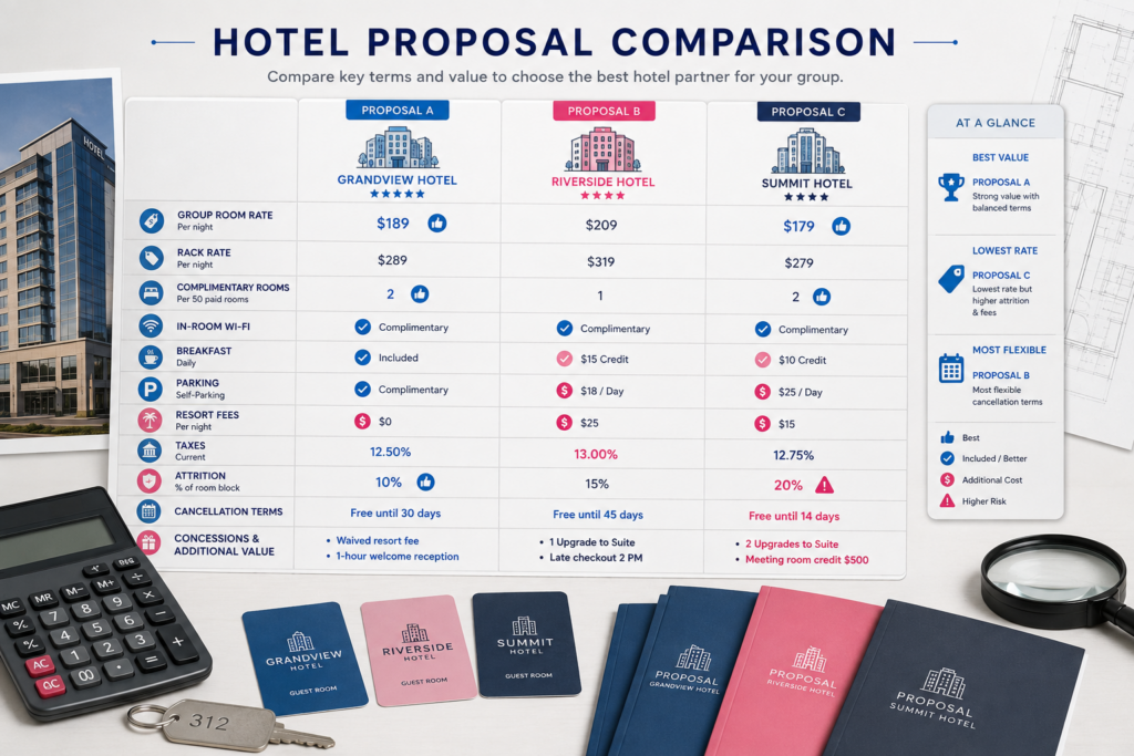 Hotel proposal comparison showing room rates, fees and contract terms