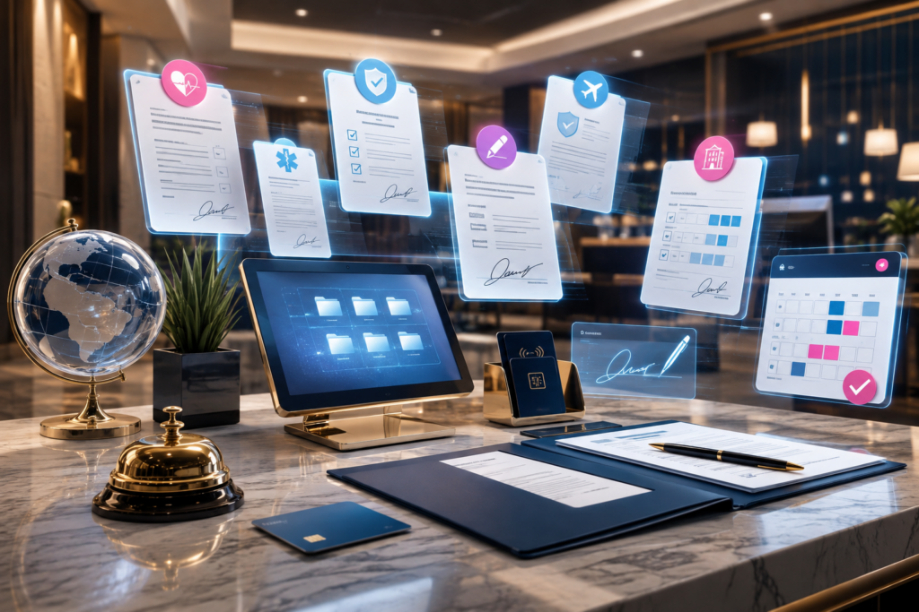 Digital checklist of documents needed before youth sports team hotel travel.