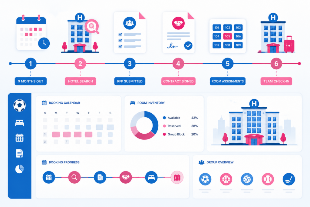 Timeline showing the recommended hotel booking process for youth sports teams.