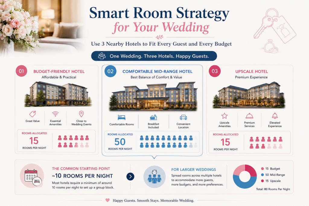 Hotel room block strategy across three nearby hotels for a wedding