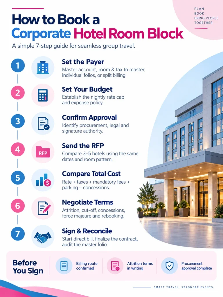 7-step guide to booking a corporate hotel room block including billing, budget, RFP, negotiation and contract approval