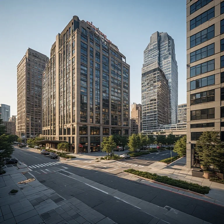 Multiple hotels surrounding a convention center for conference room block allocation.
