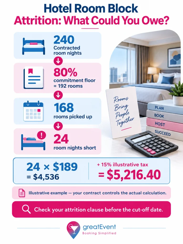 Hotel room block attrition calculation showing a 24-room shortfall and illustrative damages of $5,216.40