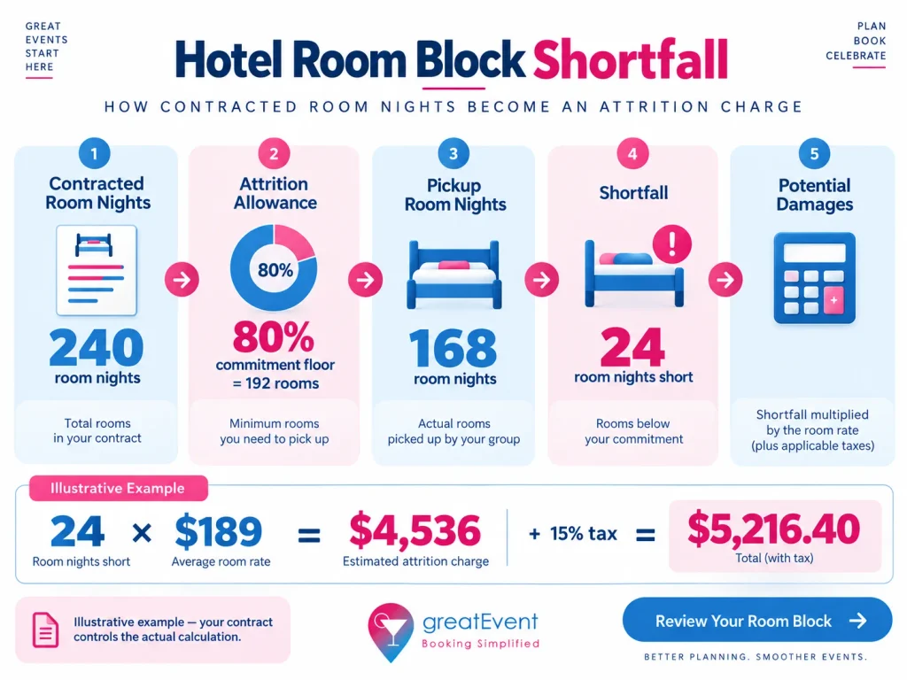 Hotel room block shortfall calculation showing contracted rooms, pickup, and attrition damages