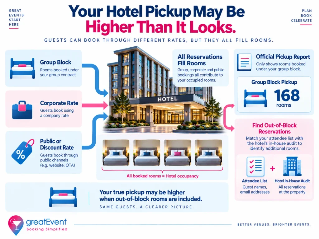 Out-of-block hotel reservations missing from a group room pickup report