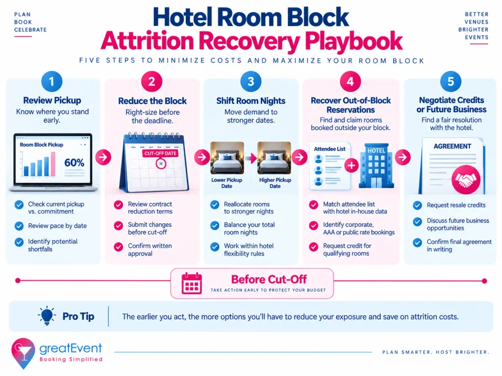 Hotel room block attrition recovery steps before the contract cut-off