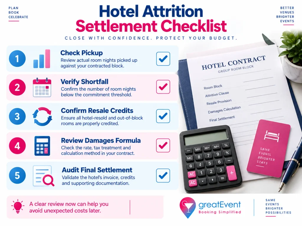 Hotel room block attrition settlement checklist for reviewing final damages