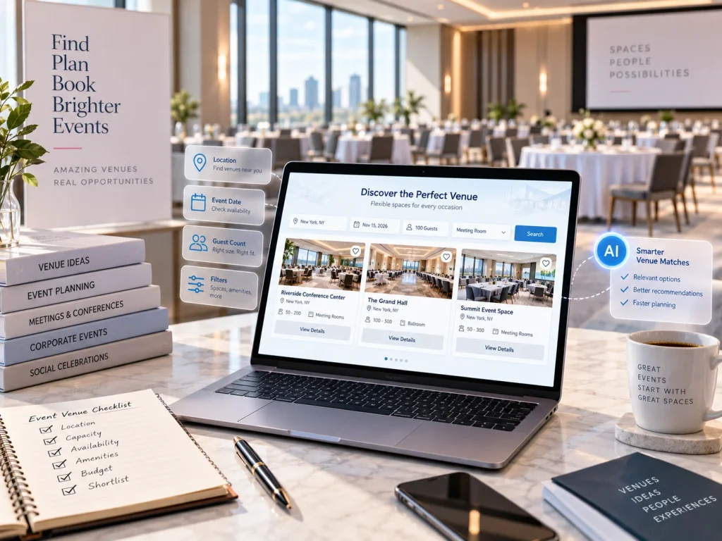 Venue RFP documents, quotes, calendar and clock representing delays in traditional event venue sourcing.