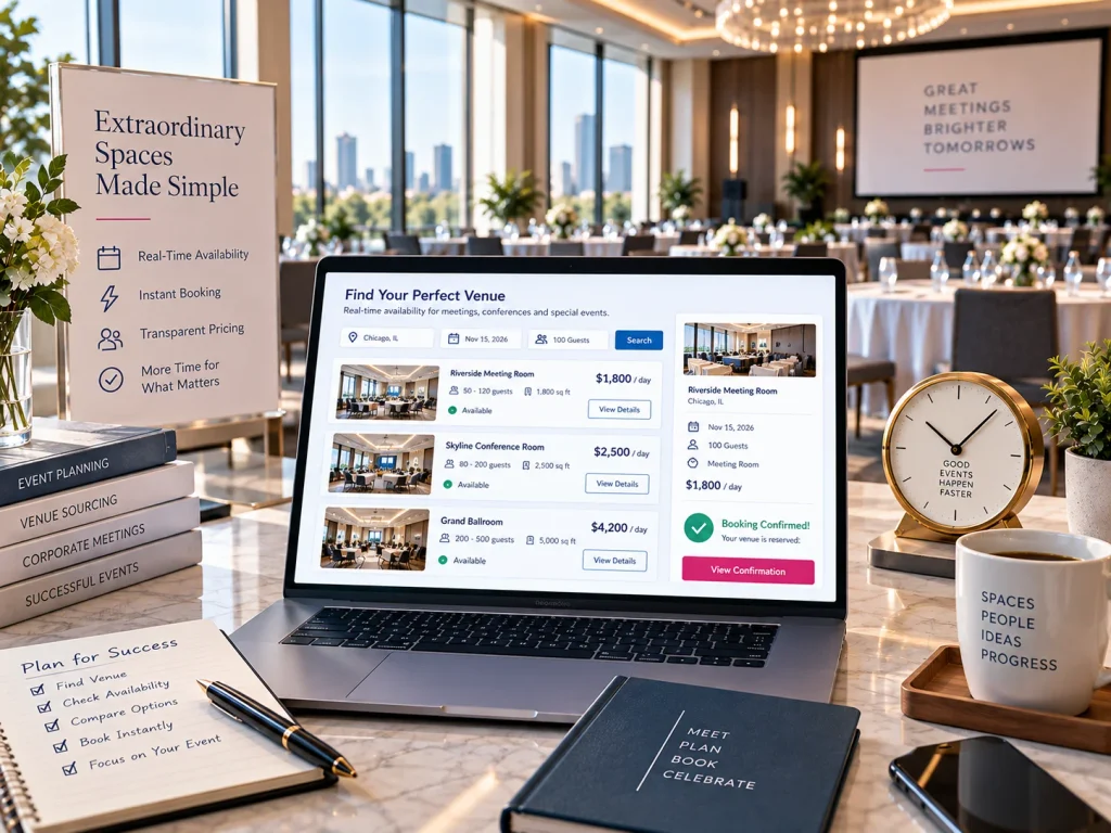 Real-time event venue availability and booking interface showing meeting rooms and available dates.