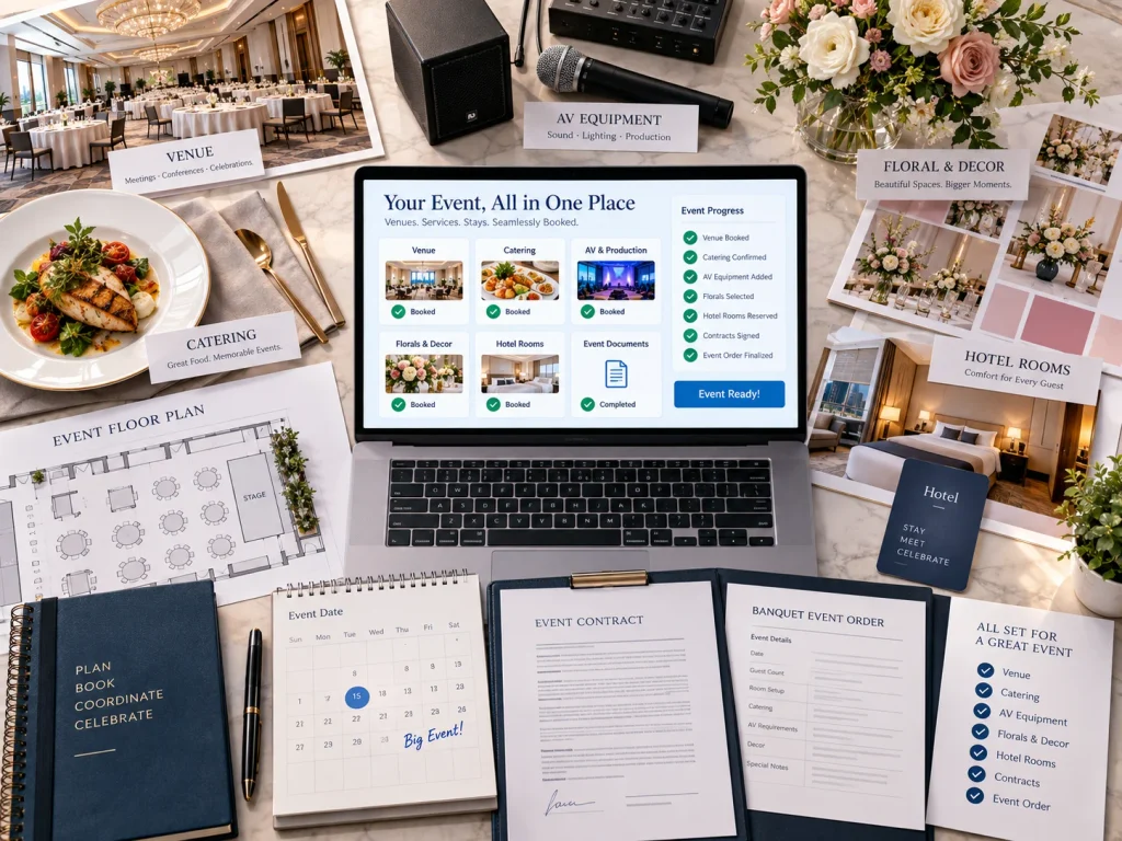 Create a premium editorial event-planning flat lay representing a complete event booking managed in one place. Arrange visual objects representing a venue, catering, AV equipment, floral decor, hotel rooms, contracts, and a banquet event order around a central laptop displaying a generic event booking dashboard. Use a miniature floor plan for the venue, elegant plated catering setup, small speaker and microphone equipment, floral arrangement, hotel key card, calendar, contract folder, and confirmation checklist. Make all elements visually connected to the central booking dashboard. No people, no hands, no human figures. Clean, organized, sophisticated hospitality aesthetic, photorealistic editorial style, 4:3 aspect ratio.