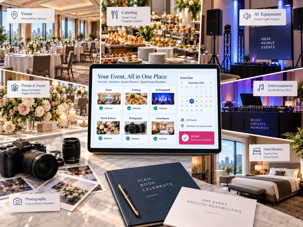 Event venue, catering, AV, decor, entertainment and hotel rooms combined in one booking process.